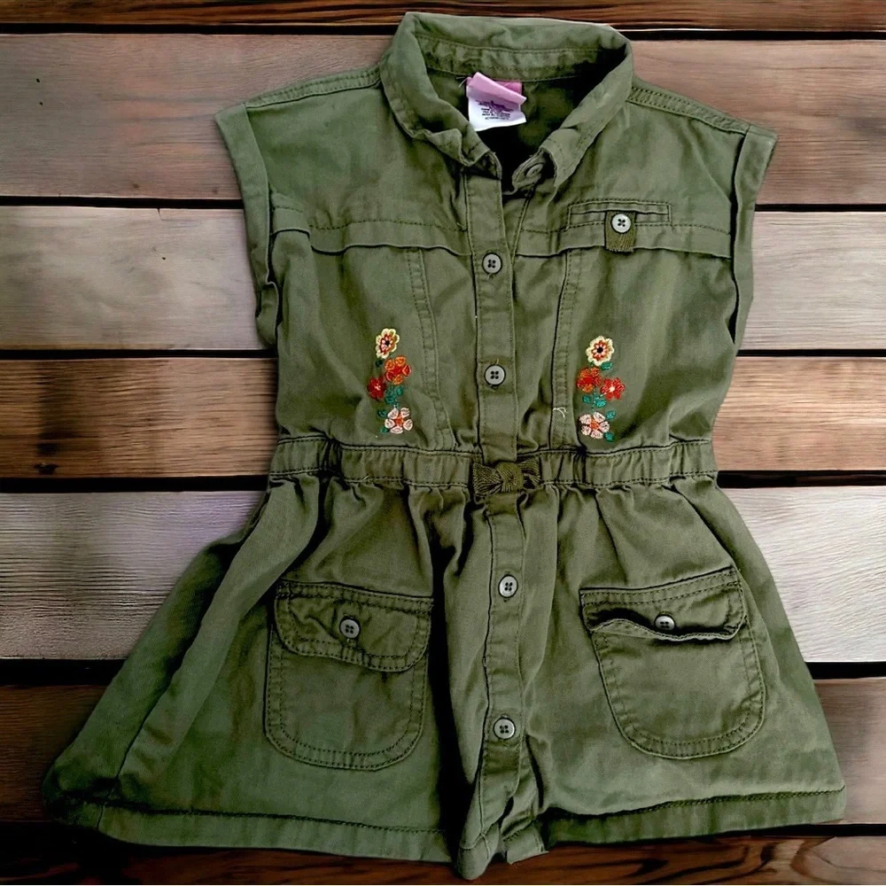 Nannette Green Twill Floral Embroidered Boho Vest Jacket Girls size 6